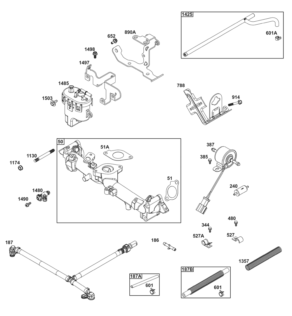 Fuel Supply Group Diagram and Parts List for 61E177-0134-J1 400000 - 699999 Briggs and Stratton Engine